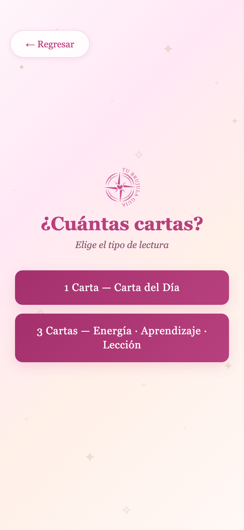 Elección del tipo de lectura en Tu Brújula Guía: una o tres cartas